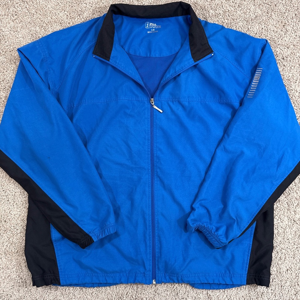PGA Tour Windbreaker Men Large Blue Black Good Full Zip Mesh Lined Athletic